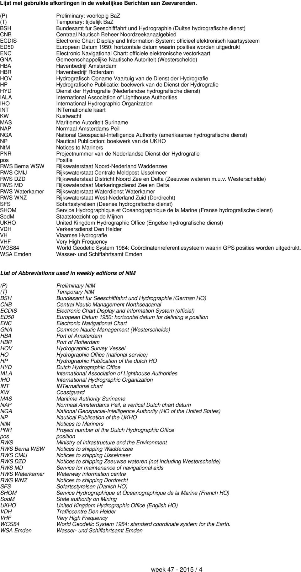 Emden Preliminary: voorlopig BaZ Temporary: tijdelijk BaZ Bundesamt fur Seeschifffahrt und Hydrographie (Duitse hydrografische dienst) Centraal Nautisch Beheer Noordzeekanaalgebied Electronic Chart