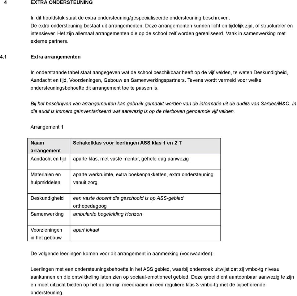 4.1 Extra arrangementen In onderstaande tabel staat aangegeven wat de school beschikbaar heeft op de vijf velden, te weten Deskundigheid, Aandacht en tijd, Voorzieningen, Gebouw en