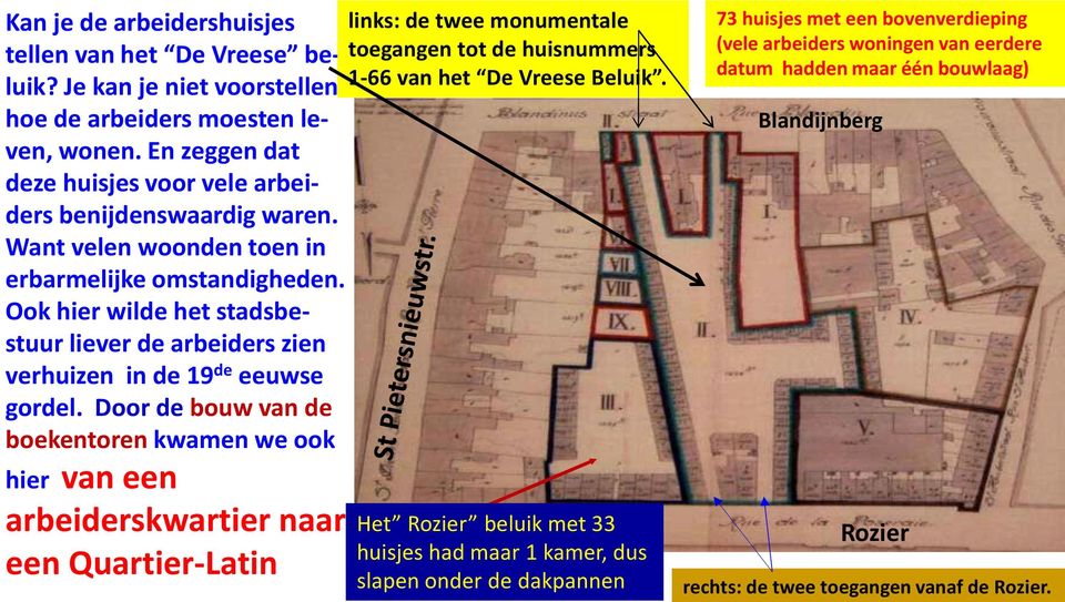 Door de bouw van de boekentoren kwamen we ook hier van een arbeiderskwartier naar een Quartier-Latin links: de twee monumentale toegangen tot de huisnummers 1-66 van het De Vreese Beluik.