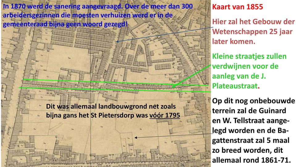 Kaart van 1855 Hier zal het Gebouw der Wetenschappen 25 jaar later komen. Kleine straatjes zullen verdwijnen voor de aanleg van de J.