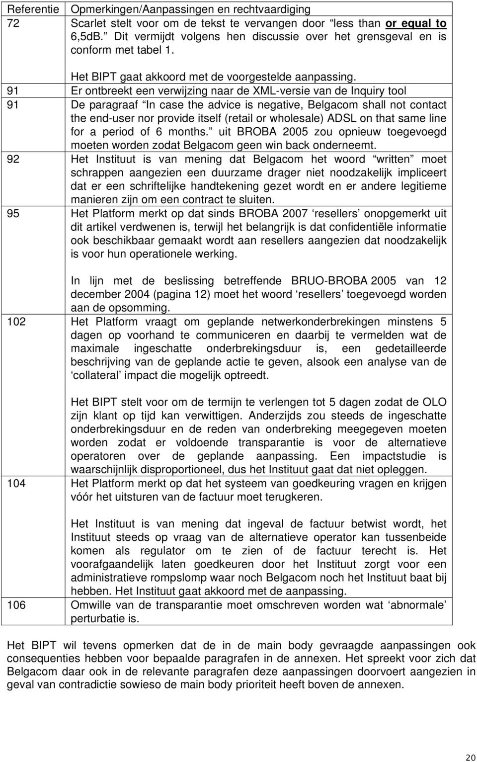 91 Er ontbreekt een verwijzing naar de XML-versie van de Inquiry tool 91 De paragraaf In case the advice is negative, Belgacom shall not contact the end-user nor provide itself (retail or wholesale)