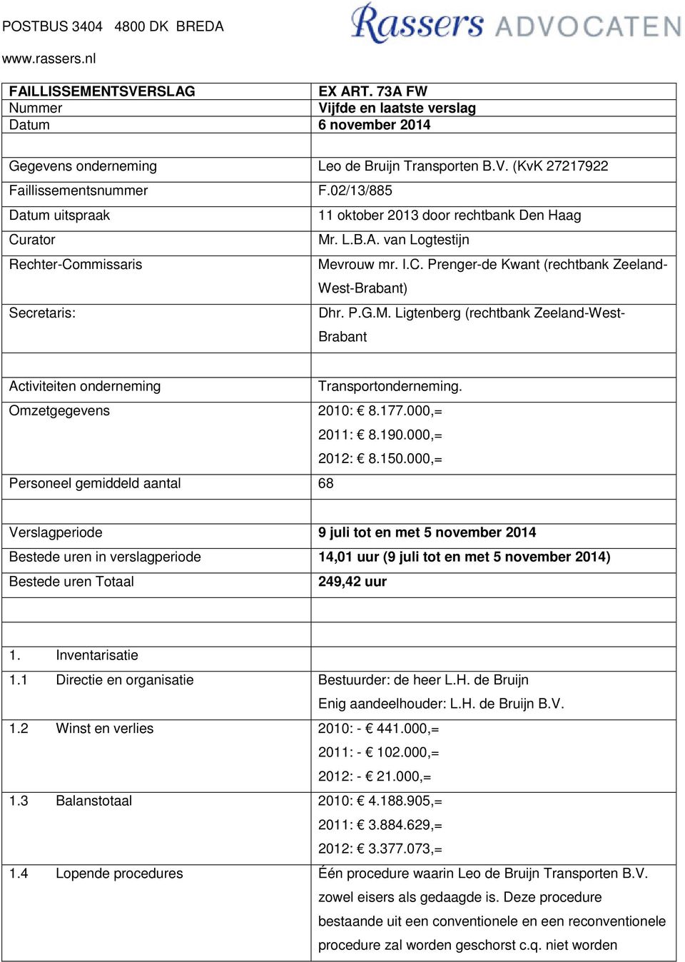 P.G.M. Ligtenberg (rechtbank Zeeland-West- Brabant Activiteiten onderneming Transportonderneming. Omzetgegevens 2010: 8.177.000,= 2011: 8.190.000,= 2012: 8.150.