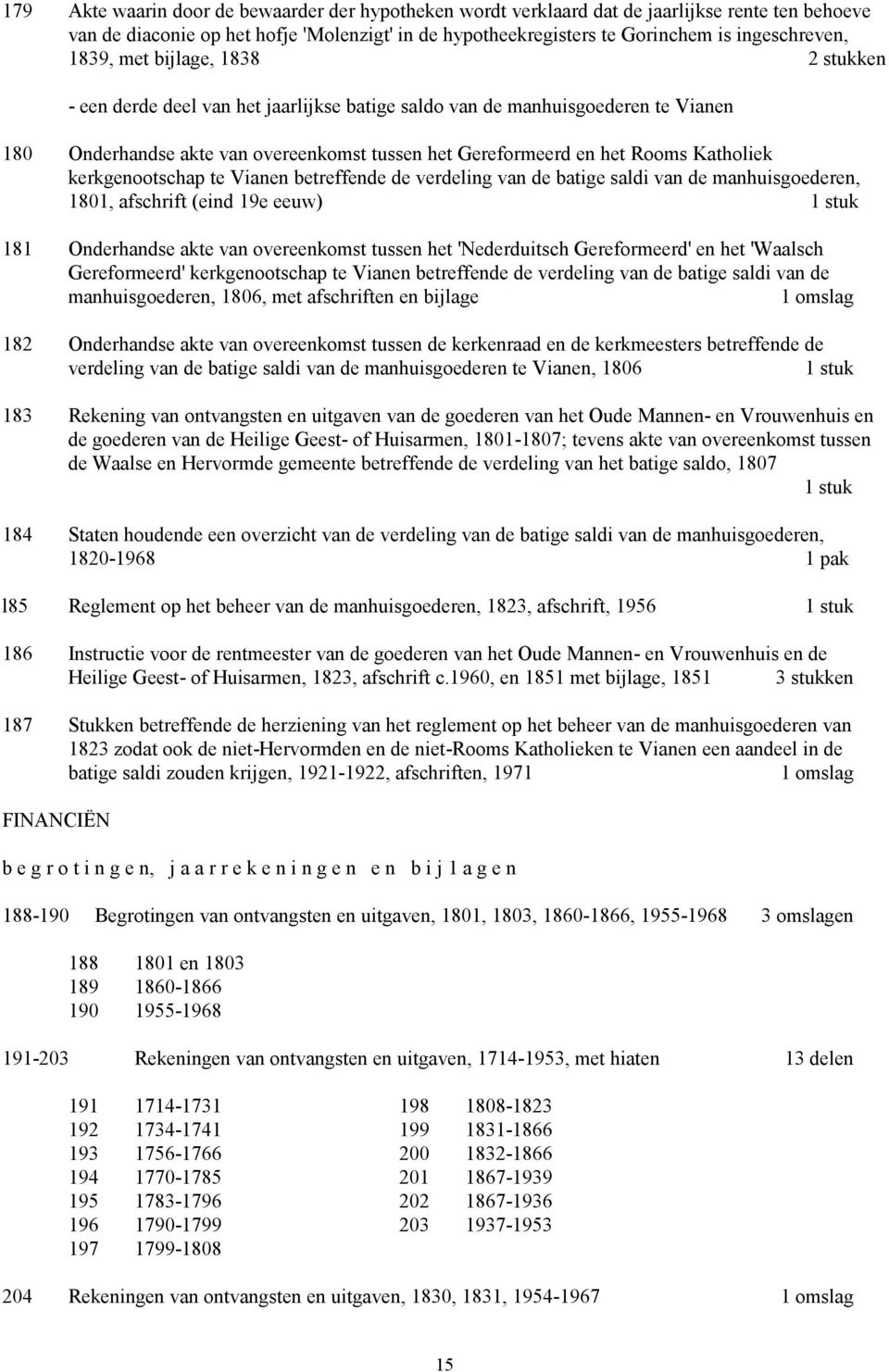 Katholiek kerkgenootschap te Vianen betreffende de verdeling van de batige saldi van de manhuisgoederen, 1801, afschrift (eind 19e eeuw) 181 Onderhandse akte van overeenkomst tussen het 'Nederduitsch