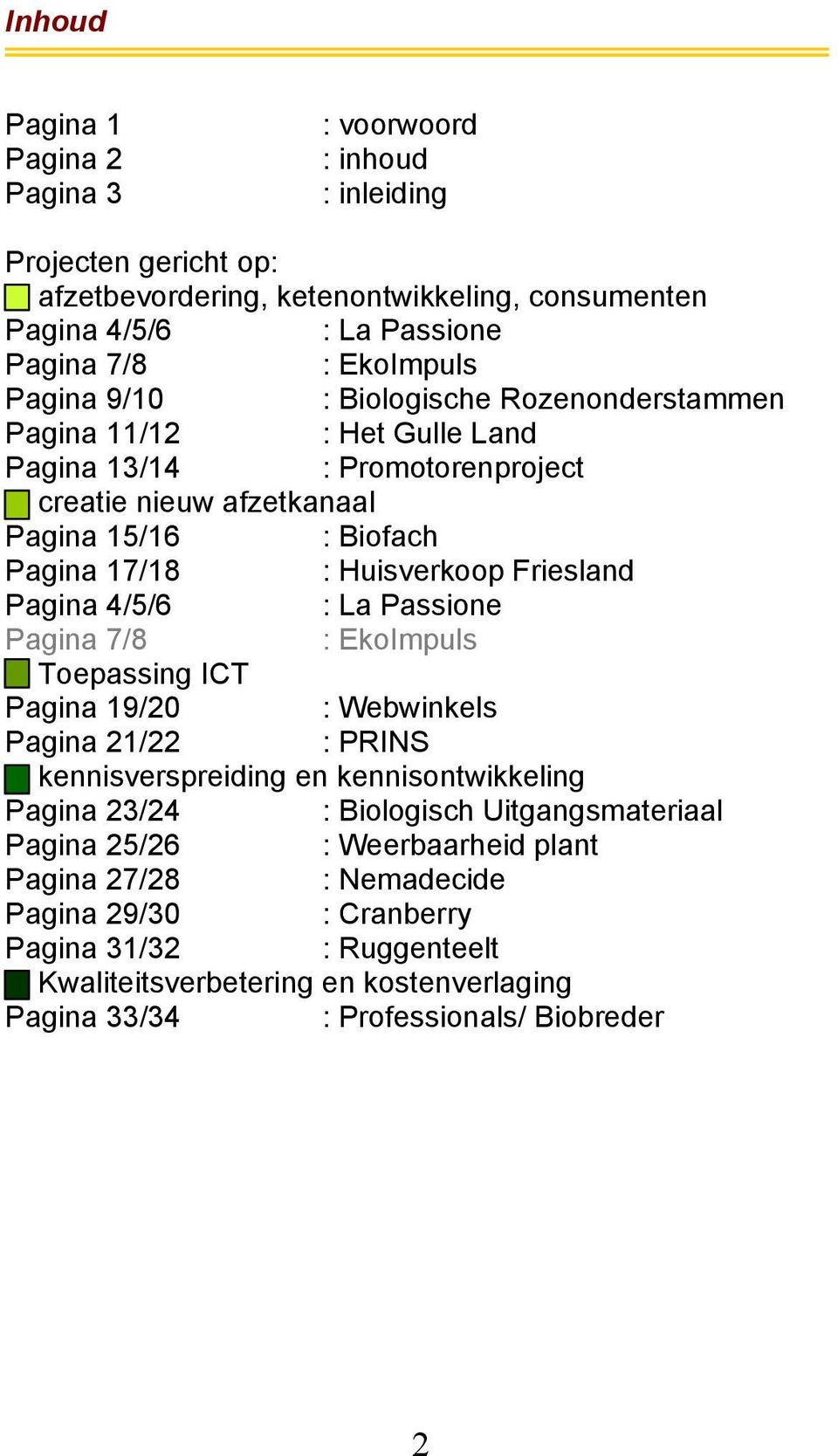 Pagina 4/5/6 : La Passione Pagina 7/8 : EkoImpuls Toepassing ICT Pagina 19/20 : Webwinkels Pagina 21/22 : PRINS kennisverspreiding en kennisontwikkeling Pagina 23/24 : Biologisch