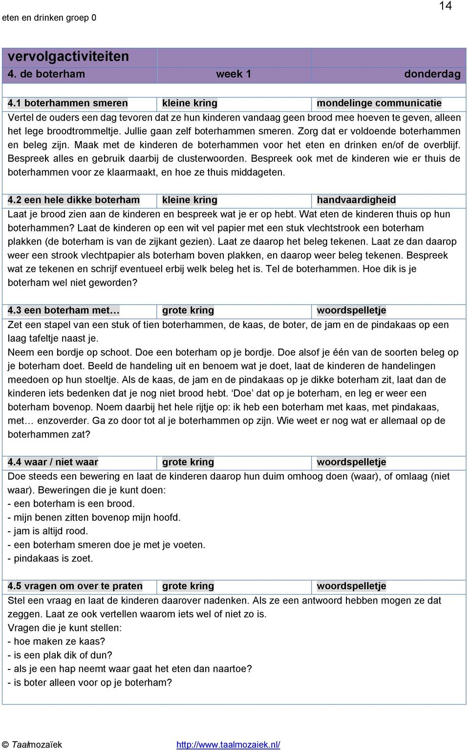 Jullie gaan zelf boterhammen smeren. Zorg dat er voldoende boterhammen en beleg zijn. Maak met de kinderen de boterhammen voor het eten en drinken en/of de overblijf.