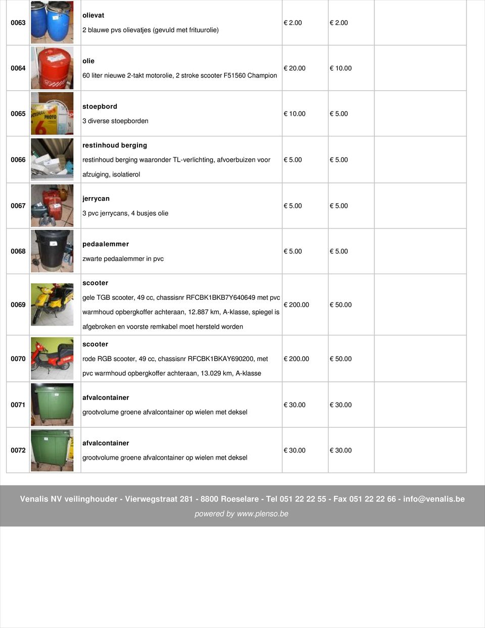 voor afzuiging, isolatierol 0067 jerrycan 3 pvc jerrycans, 4 busjes olie 0068 pedaalemmer zwarte pedaalemmer in pvc 0069 scooter gele TGB scooter, 49 cc, chassisnr RFCBK1BKB7Y640649 met pvc warmhoud