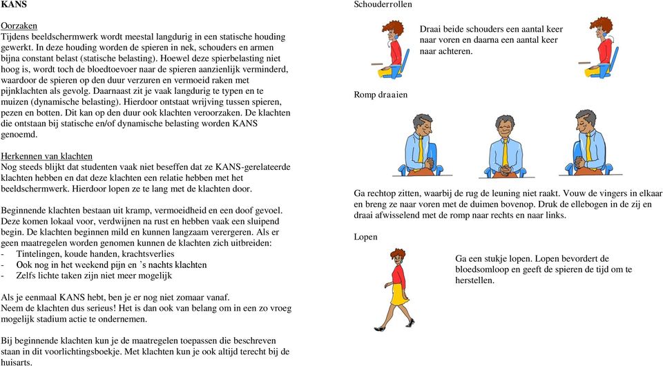 Hoewel deze spierbelasting niet hoog is, wordt toch de bloedtoevoer naar de spieren aanzienlijk verminderd, waardoor de spieren op den duur verzuren en vermoeid raken met pijnklachten als gevolg.