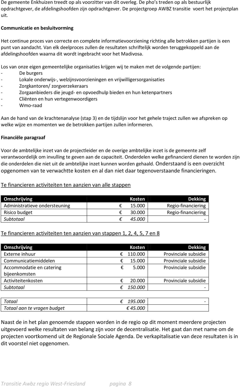 Van elk deelproces zullen de resultaten schriftelijk worden teruggekoppeld aan de afdelingshoofden waarna dit wordt ingebracht voor het Madivosa.