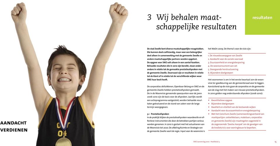 De opgave voor SWZ valt uiteen in een aantal facetten. Behaalde resultaten die in 2010 zijn bereikt, staan onder andere in relatie tot de gemaakte prestatieafspraken met de gemeente Zwolle.