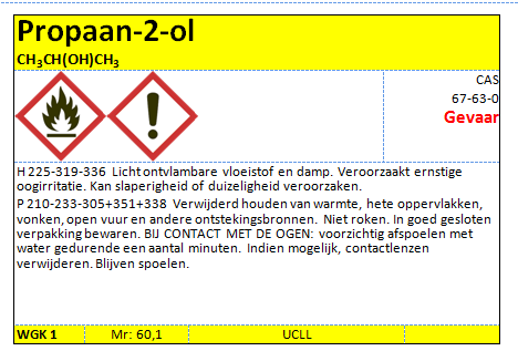 ii. H/P zinnen Propaan-2-ol: H 225-319-336 Licht ontvlambare vloeistof en damp. Veroorzaakt ernstige oogirritatie. Kan slaperigheid of duizeligheid veroorzaken.