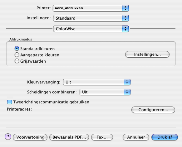 AFDRUKOPTIES VAN COLORWISE 43 AFDRUKOPTIES INSTELLEN VOOR MAC OS-COMPUTERS (MAC OS X) 1 Kies Afdrukken in de toepassing waarmee u werkt. Het dialoogvenster voor afdrukken wordt weergegeven.