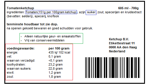 Afbeelding 1: voorbeeld etiket Blauw: suikerhoudende ingrediënten Groen: allergenen Rood: voedingswaardevermelding In de voedingswaardevermelding (rood) kunt u zien hoeveel koolhydraten per 100 gram