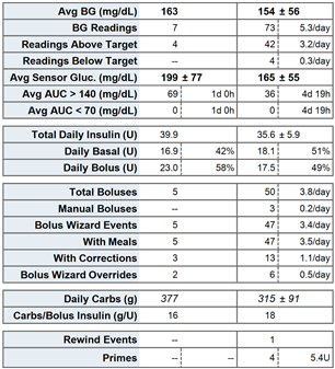 Statistics (Statistieken) De informatie in de tabel Statistics (Statistieken) biedt, samen met de andere rapportonderdelen, een mogelijkheid om de glucoseregulering van de patiënt in verschillende