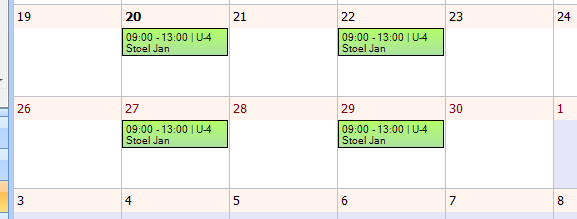 16/18 Op de weekplanning wordt de tijdspanne van de week in het donkerrood weergegeven als het om een verplichte werkweek gaat: Op de maandplanning zijn het de dagnummers die donkerrood zijn bij de
