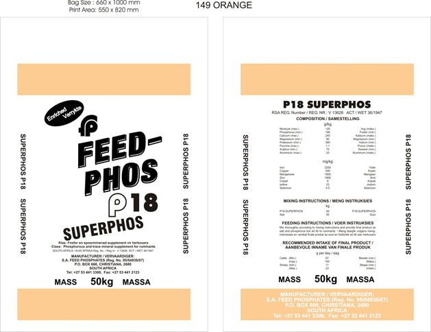 SUPERPHOS 18 RSA Reg. No: V13626 (Wet 36/1947) Namibië Reg. No.: N-FF 1015 Monodikalsiumfosfaat (Spoorelement- en CMS-verryk) Fosfor (min) 180 Kalsium (maks) 240 Magnesium (min) 90 Swael (min) 76 Fluoor (maks) 1.