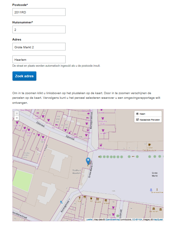 Optie 2: Kaart gebruiken om informatie op te vragen Keuze voor de combinatie via perceel en wilt u een adres in de kaart opzoeken nee. Het volgende scherm verschijnt.