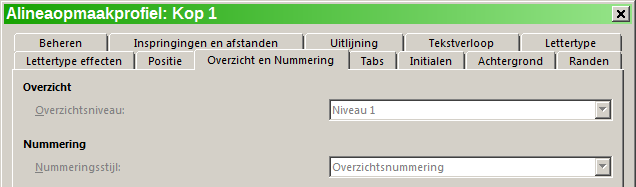 Afbeelding 10: Tabblad Tekstverloop van het dialoogvenster Alineaopmaakprofiel voor Kop 1 Bekijk het tabblad Overzicht en nummering (Afbeelding 11) van dit dialoogvenster om te zien welk