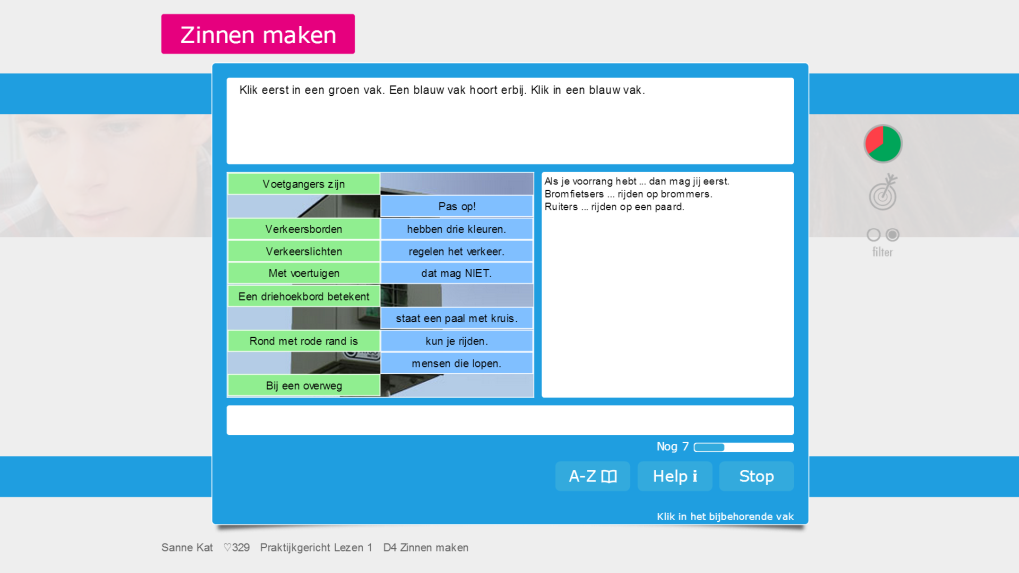 In de meeste rubrieken wordt de geleerde informatie toegepast in een oefening met zinnen. Hier moet het eerste deel van een zin gekoppeld worden aan het vervolg. De gevonden combinaties staan rechts.