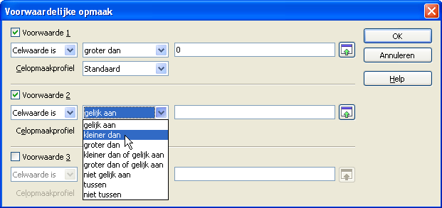 Opdracht 3.1 Voorwaardelijke opmaak toepassen (vervolg) 25. Vink het vakje voor Voorwaarde 2 aan. 26. Klik op het zwarte driehoekje rechts van de witte balk met het woord gelijk aan. 27.