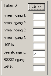 4.6 Talker id instellen In dit menu kunt u de ID's van de ingangen aanpassen. De talker-id staat voorin de nmea string: $GPRMC... De talker-id in dit voorbeeld is GP.