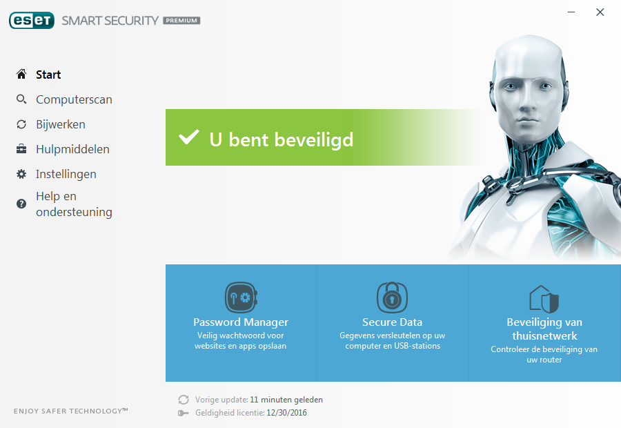 Gebruikersinterface In het gedeelte Nieuws vindt u nieuws van ESET. In het gedeelte Start vindt u informatie over het huidige beveiligingsniveau van uw computer.