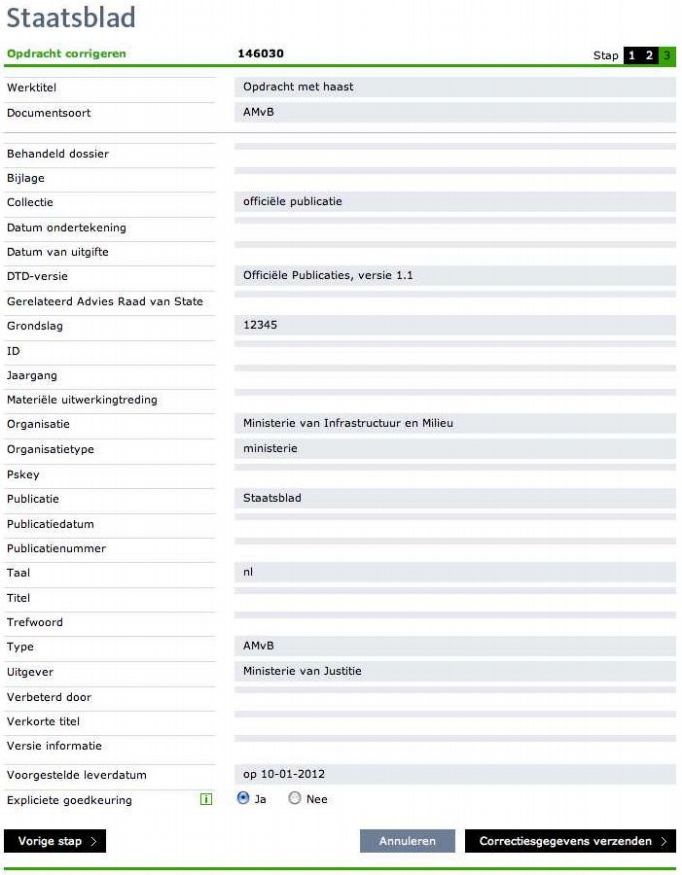 40 De aanleveraar ziet het overzicht van de metadata (niet wijzigbaar) en kiest voor Correctiegegevens