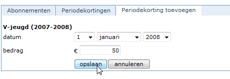 Periodekortingen U kunt per abonnement periodekortingen ingeven. Dit zijn kortingen die het systeem automatisch kan toekennen als leden later in het seizoen lid worden.