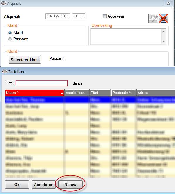Afsprakenboek Bij het opzoeken van een klant zijn de knoppen [Ok] en [Annuleren] duidelijker weergegeven.