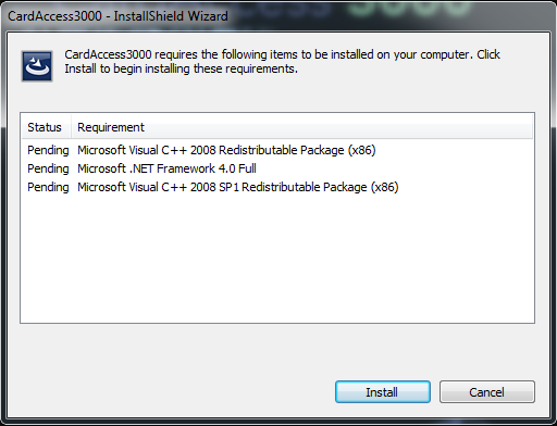exe programma te starten. Het volgende scherm verschijnt. Selecteer de eerste optie Install CardAccess 3000. Het volgende scherm verschijnt voor het installeren van o.a. Microsoft Visual C++ en Microsoft.