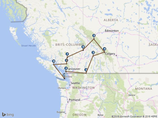 UW RONDREIS Uw reis begint op dinsdag 2 augustus 2016 1 Vancouver Area 2 Osoyoos 3 Revelstoke 4 Lake Louise 5 Jasper 6 Clearwater 7 Gold Bridge 8 Whistler 9 Campbell River 10 Victoria DAG 1-4 2 AUG-5