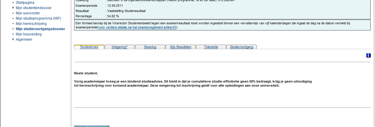 Tabbladen op detailscherm - examenperiode/opleiding: 1. Studieadvies 2.