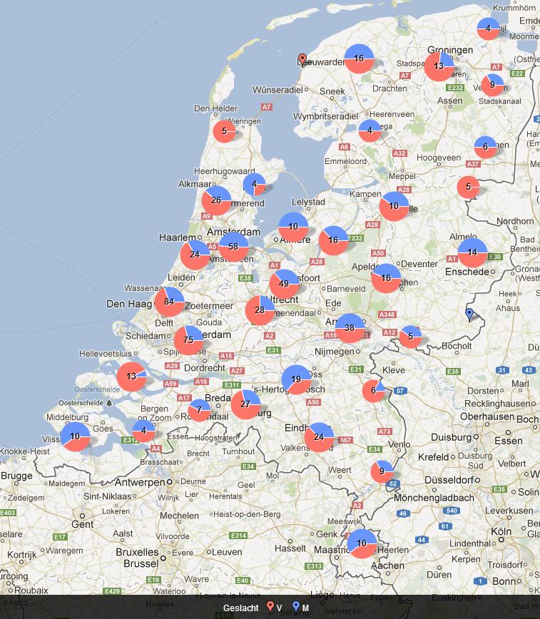 Geografische spreiding aanmeldingen De spreiding per regio in Nederland wijzigt niet wezenlijk per maand. Wij hanteren de volgende vier regio s: Noordwest 128 17,3% Noordoost 157 24,8% Zuid 131 20.