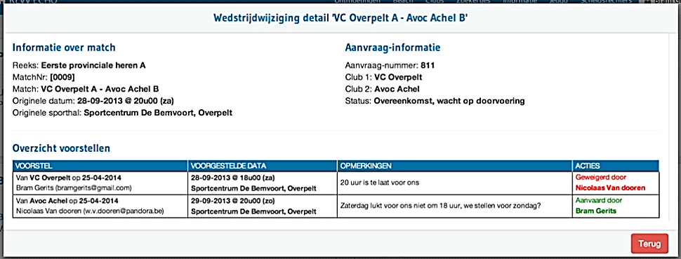 Indien een tegenvoorstel gedaan wordt, ziet de aanvragende ploeg(hier Overpelt) het volgende scherm verschijnen. Overpelt is nu akkoord met het voorstel van Avoc Achel en klik op aanvaarden.