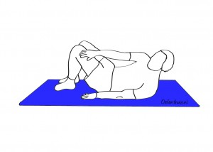 LAGE RUG / KRACHT Oefening 2 Doel: de schuine buikspieren sterker maken. 1. 2. 3. 4. Ruglig Knieën gebogen, voeten plat op de grond. Trek de navel in.