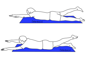 LAGE RUG / KRACHT Oefening 6 Doel: de stabiliteit van de lage rug vergroten. 1. 2. 3. 4. Buiklig Leg bij de armen gestrekt voor u en leg ook de benen gestrekt op de grond.