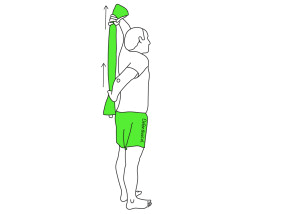 SCHOUDER - MOBILTEIT Oefening 9 Doel: het vergroten van de mobiliteit van de binnenwaartse draaiing van de schouder. 1. Stand of zit 2.