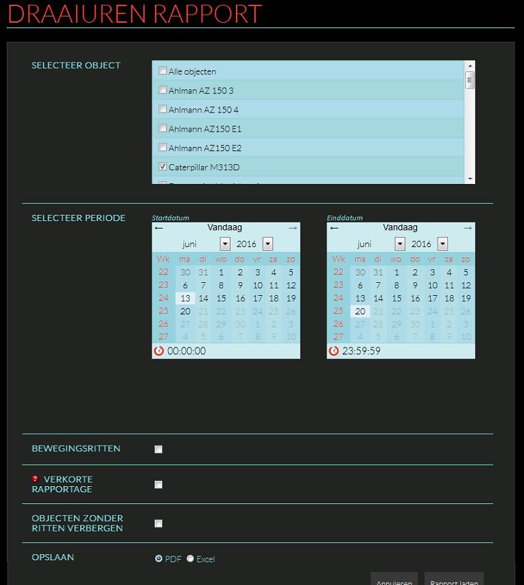 7.7. Draaiuren rapport Op deze pagina kan een draaiuren rapport in PDF of Excel gegenereerd worden.