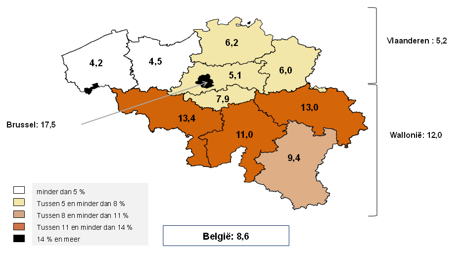 Werkloosheidsgraad in de Belgische provincies (in % van de bevolking van 15 tot 64 jaar, 215) De mobiliteit tussen de gewesten bevorderen, doorgaan met de samenwerking tussen de overheidsdiensten