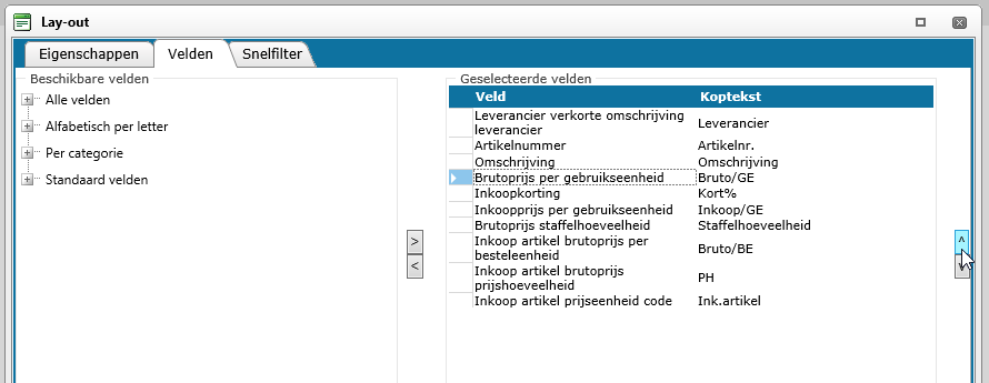 4. Selecteer op het tabblad Velden de database-velden die je wil gebruiken. In de linkerkolom staan alle beschikbare velden; in de rechterkolom de velden die in de lay-out getoond zullen worden.