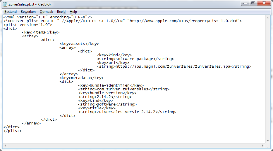 ios Applications In House Distribution Enterprise Program 9/20 Voorbeeld plist bestand <?xml version="1.0" encoding="utf-8"?> <!DOCTYPE plist PUBLIC "-//Apple//DTD PLIST 1.0//EN" "http://www.apple.