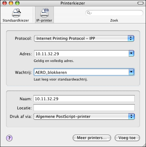 AFDRUKKEN OP MAC OS X INSTELLEN 13 Voor afdrukken via LPD/LPR kiest u Line Printer Daemon - LPD, typt u het IP-adres of de DNSnaam van de printer in het veld Adres en typt u de afdrukverbinding