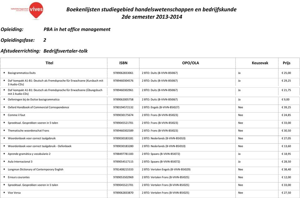 (B-VIVN-B5I067) Ja 21,75 Oefeningen bij de Duitse basisgrammatica 9789062005758 2 BTO: Duits (B-VIVN-B5I067) Ja 9,00 Oxford Handbook of Commercial Correspondence 9780194572132 2 BTO: Engels