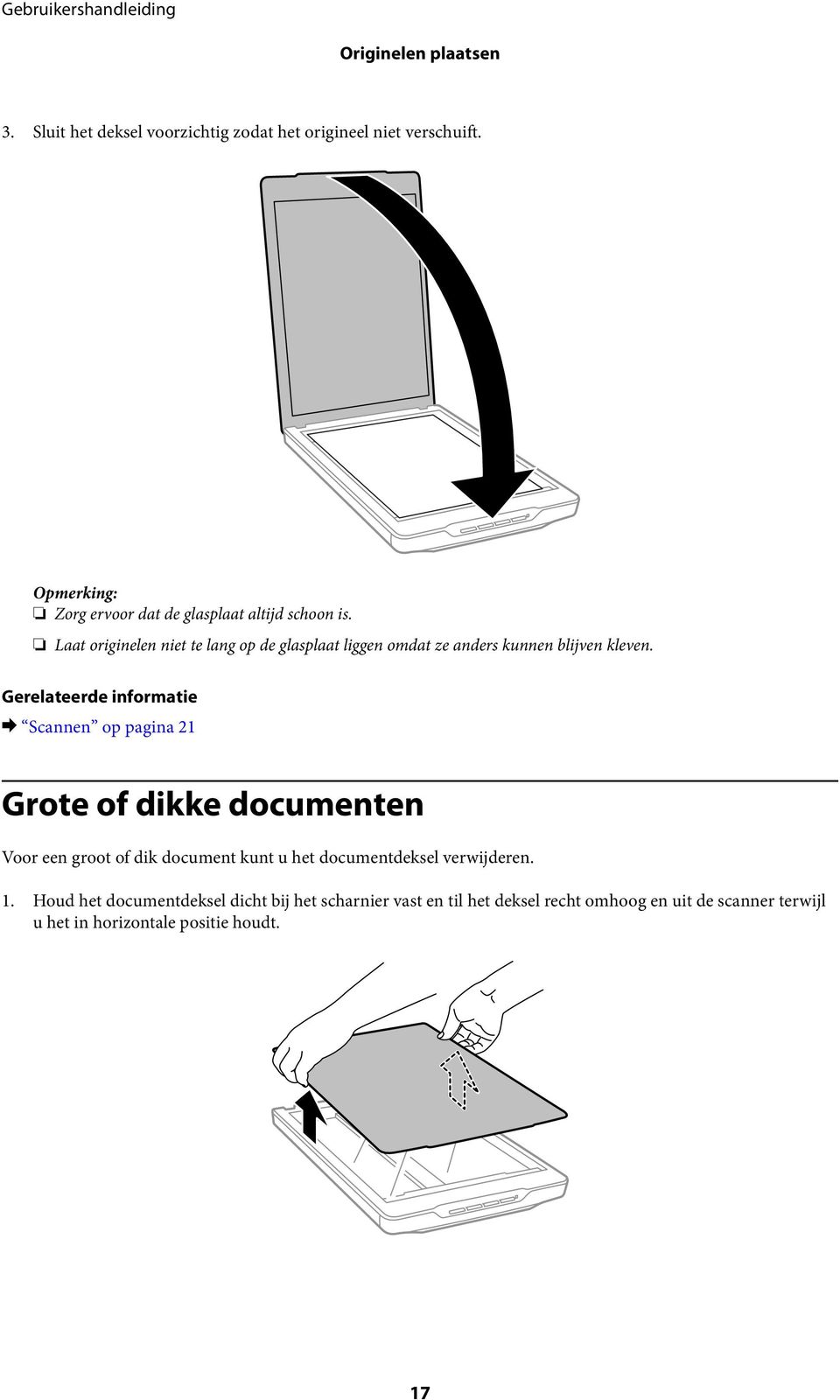 Laat originelen niet te lang op de glasplaat liggen omdat ze anders kunnen blijven kleven.