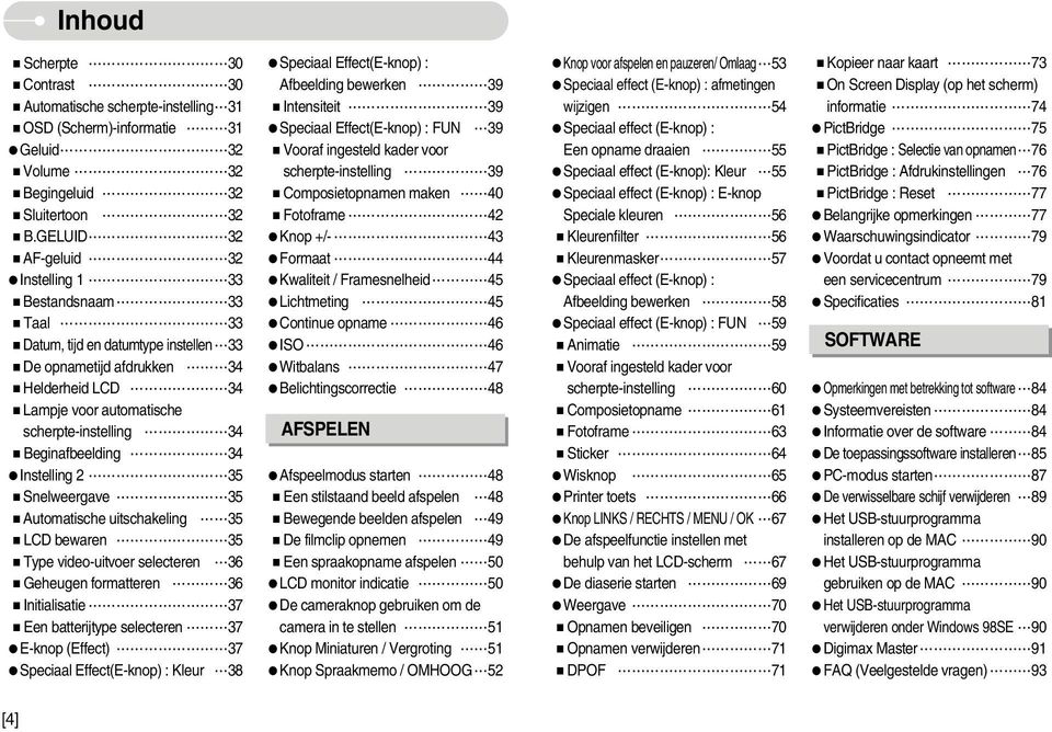 Beginafbeelding 34 Instelling 2 35 Snelweergave 35 Automatische uitschakeling 35 LCD bewaren 35 Type video-uitvoer selecteren 36 Geheugen formatteren 36 Initialisatie 37 Een batterijtype selecteren