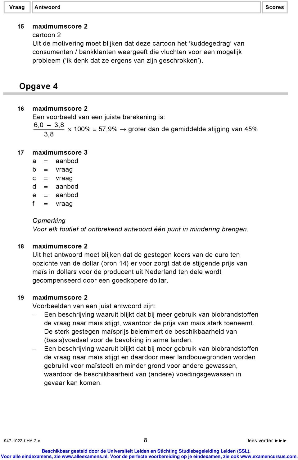 Opgave 4 16 maximumscore 2 Een voorbeeld van een juiste berekening is: 6,0 3,8 100% = 57,9% groter dan de gemiddelde stijging van 45% 3,8 17 maximumscore 3 a = aanbod b = vraag c = vraag d = aanbod e