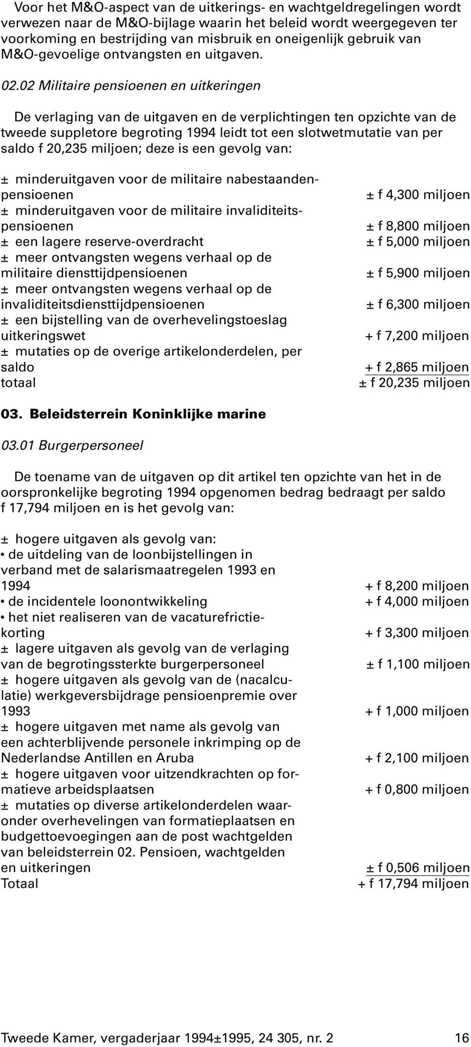 02 Militaire pensioenen en uitkeringen De verlaging van de uitgaven en de verplichtingen ten opzichte van de tweede suppletore begroting 1994 leidt tot een slotwetmutatie van per saldo f 20,235