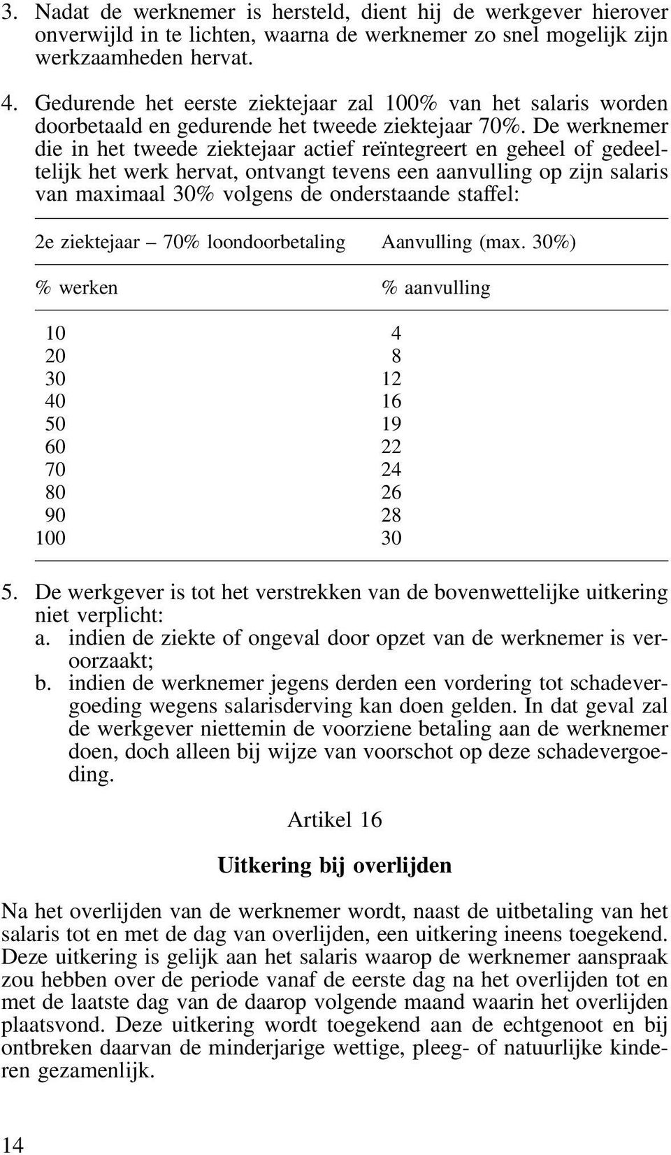 De werknemer die in het tweede ziektejaar actief reïntegreert en geheel of gedeeltelijk het werk hervat, ontvangt tevens een aanvulling op zijn salaris van maximaal 30% volgens de onderstaande