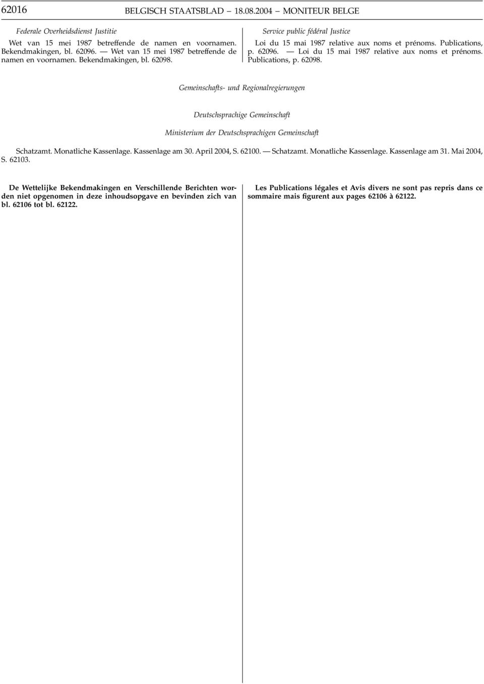 Loi du 15 mai 1987 relative aux noms et prénoms. Publications, p. 62098. Gemeinschafts- und Regionalregierungen Deutschsprachige Gemeinschaft Ministerium der Deutschsprachigen Gemeinschaft Schatzamt.