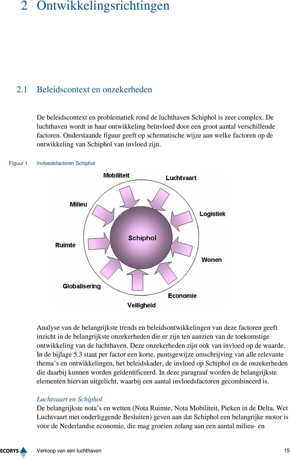 Onderstaande figuur geeft op schematische wijze aan welke factoren op de ontwikkeling van Schiphol van invloed zijn.