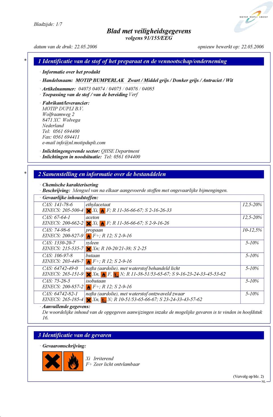 com Inlichtingengevende sector: QHSE Department Inlichtingen in noodsituatie: Tel: 0561 694400 * 2 Samenstelling en informatie over de bestanddelen Chemische karakterisering Beschrijving: Mengsel van